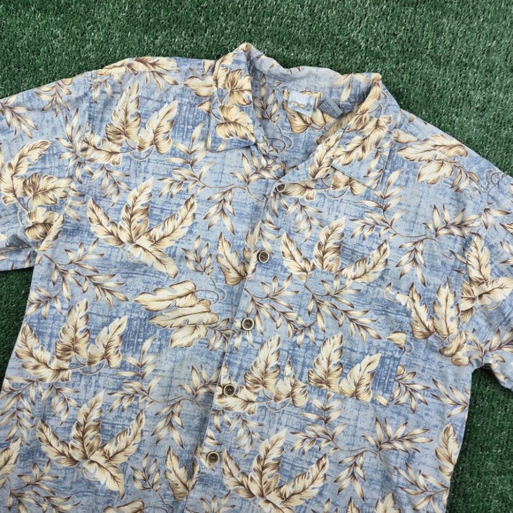 Op‎ Sport Mens Large Blue Tan Tropical Leaf Print Short Sleeve Button Down